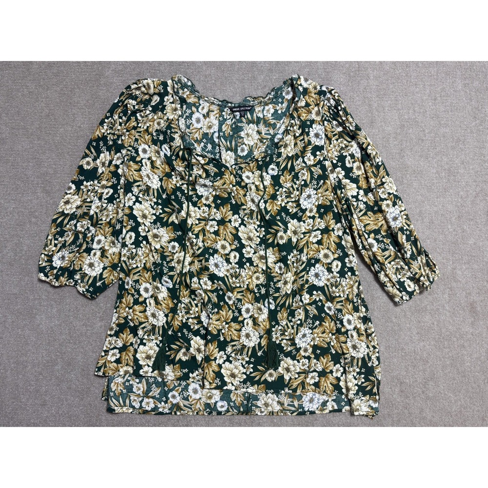 Unique Spectrum Blouse Womens 1X Green Floral 3/4 Sleeve Peasant Boho Top Rayon